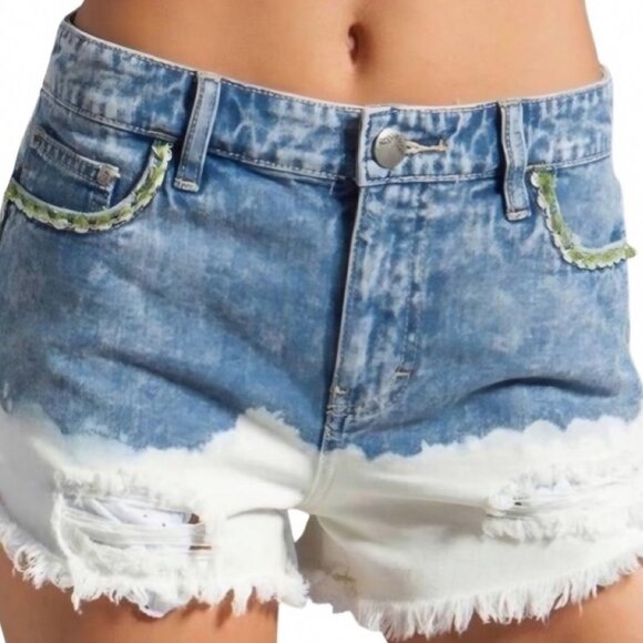 Free People Floral Denim Shorts – Distressed Blue Cutoffs w/ Lace & Trim | Sz 30 - Picture 1 of 10